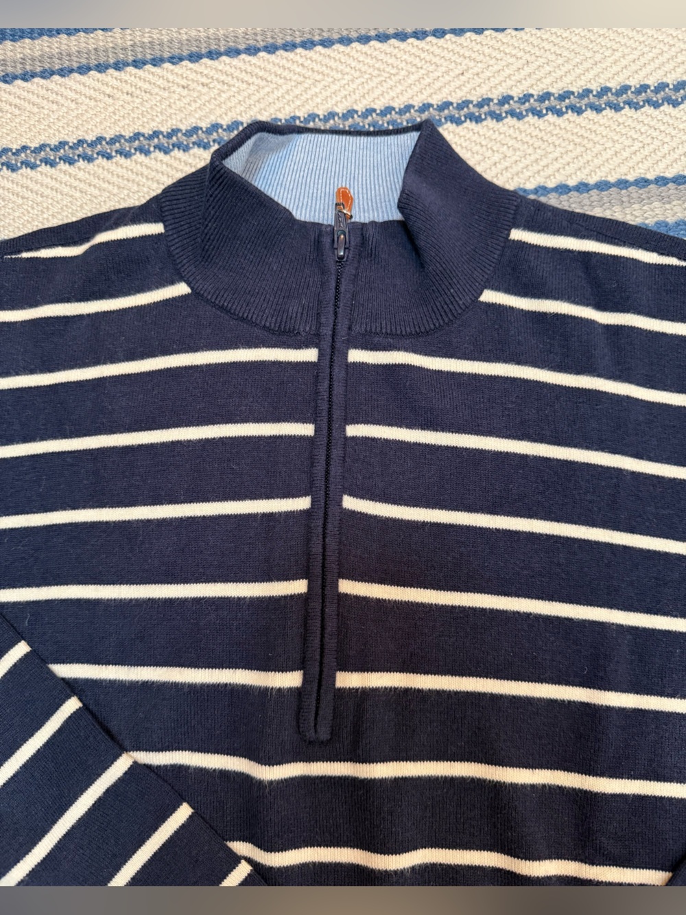 Men's Navy and White Striped Half-Zip Sweater